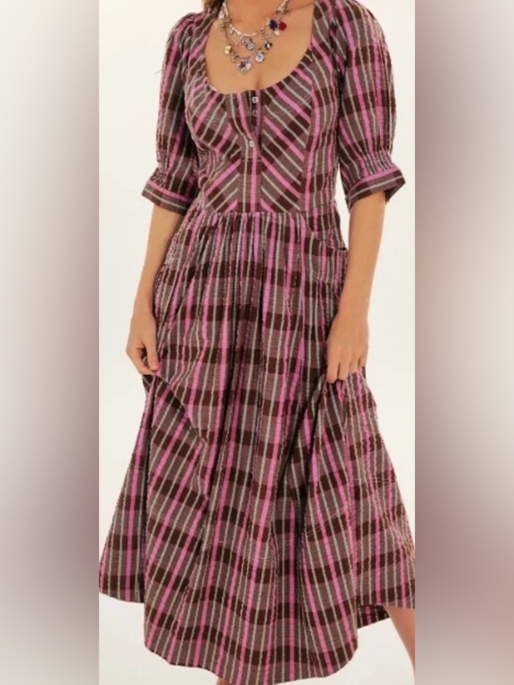 Free People Tulie Pink and Brown Plaid Tiered Dress - Size Small